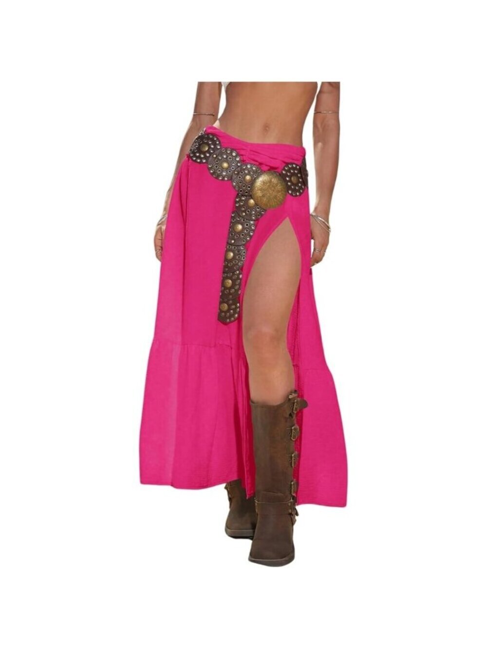 Women's Hot Pink Western Low Rise Maxi Ruffle High Slit Cowgirl Skirts